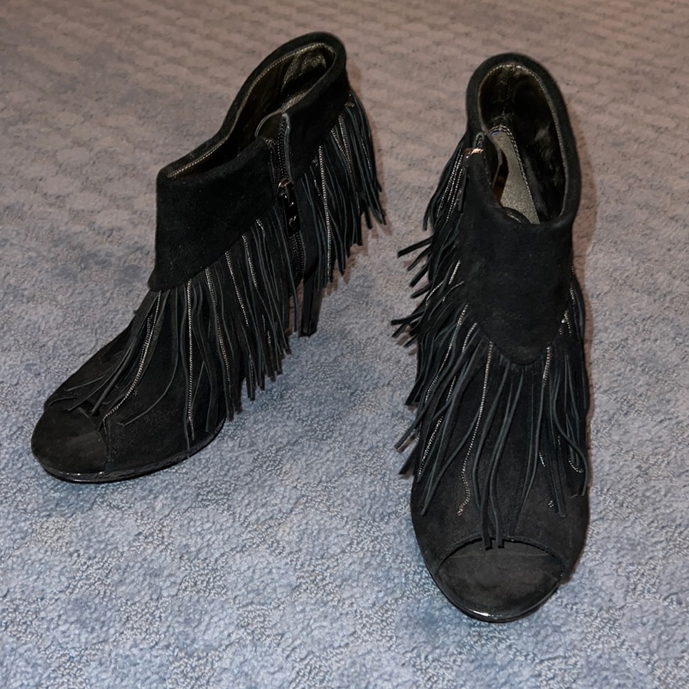 Black Suede/Chain Fringed Booty Heels Size 8
